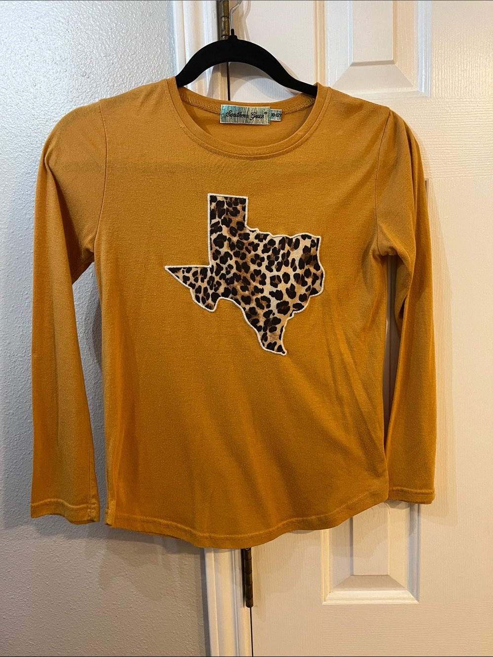 Southern Grace Mustard Long-Sleeve Tee with Leopard Texas Patch